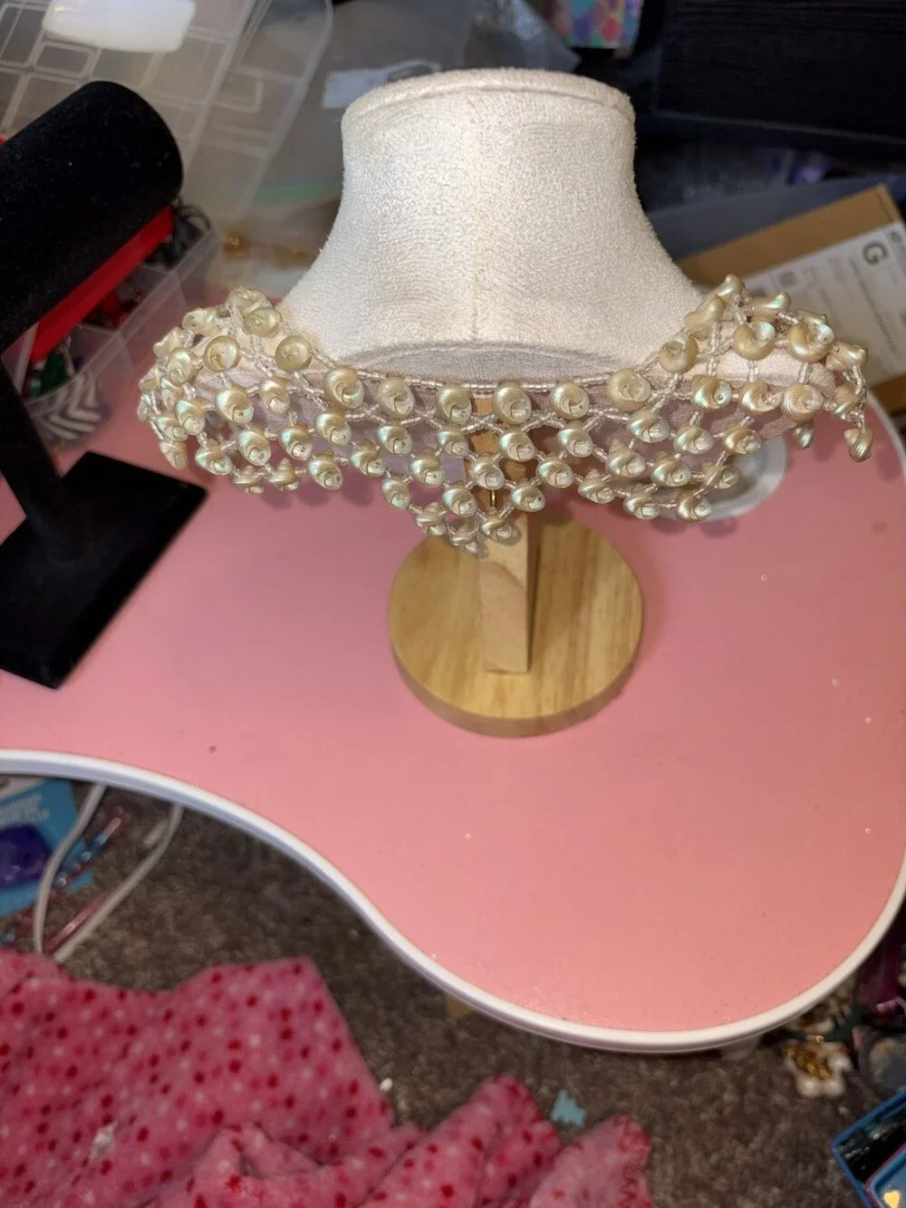 Vintage Iridescent Whole Spiral Sea Snail Shell Hand-Woven Collar | Mid-Century
